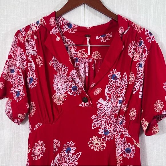 Free People Blue Hawaii Collared Short Sleeve Red Mini Dress Size L - Picture 6 of 16